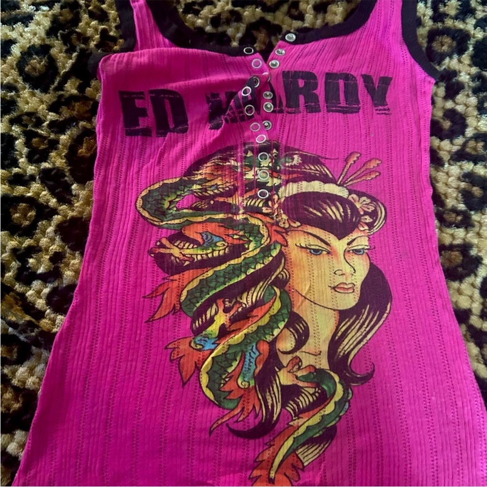 Rare Ed Hardy Pink Tank Top  with Graphic Design
